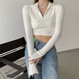 women korean tops solid long sleeve croptop polo collar tshirts for girl (8)