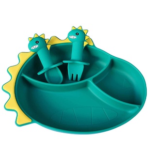 iBaby Silicone Dinosaur Baby Food Plate & Fork & Spoon Utensils Suction Plate Set