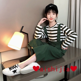 ready stock ❤ aishijia ❤ 【110--160】Girls2020Autumn New Style Overall Suit Striped Fashion Net Red Casual Wide Leg Pants Big Children's Two-Piece Casual Pants Spring and Autumn Denim Overall -Fashion