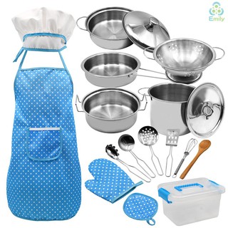 【For Baby】Kids Cooking and Baking Set 18 PCS with Chef Hat Apron Oven Mitt Pan Soup Pot Spoon Shovel Kitchen Utensils Children Chef Role Playset Educational Gift for Girls Boys (Blue) (1)