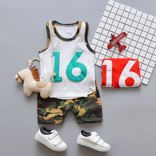 Baby Boys Sleeveless Letter Print Vest T-shirt + Camouflage Shorts Summer Cloth