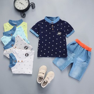 Toddler Baby Boys Short Sleeve Print Shirt Tops+Short Denim Pants Kids Casual Outfits Clothes Sets