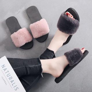 Autumn Winter Fur Solid Color Slippers Home Anti-Slip Warm Cotton Trailer Shoes