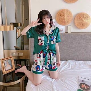 Soft silk Sleepwear green snowwhite printed high quality open style (3)