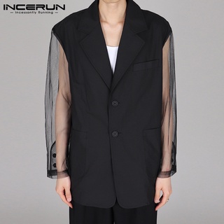 INCERUN Men Fashion Mesh See Through Long Sleeve Patchwork Button Black Blazer