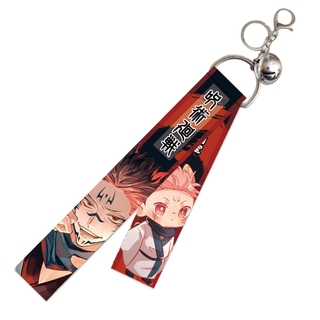 Anime JUJUTSU KAISEN Keychain Ribbon With Bells Anime Keyring Bag Yuji Gojo Satoru Key Chain Double Side Birthday Gift
