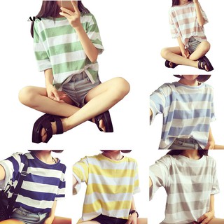 Girls Casual Short Sleeve Crew Neck T Shirt Pullover Loose Stripe Tops Outfit