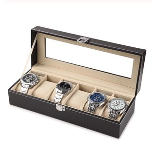 6 compartment watch box black PU leather exquisite slot wrist watch storage box
