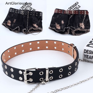 【ArtGloriousLo】 Women Punk Chain Belt Adjustable Black Double/Single Eyelet Leather Buckle Belt PH