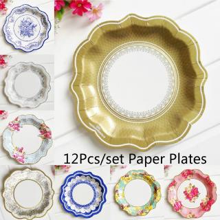 12Pcs/Pack Disposable Paper Plates Multi-Coloured Floral Vintage Traditional Afternoon Tea Party