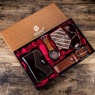 [Big Sale] Men's Gift Set Quartz Watch + PU Wallet + PU Belt + Sun Glasses + Tie With Exquisite Gift Box (1)