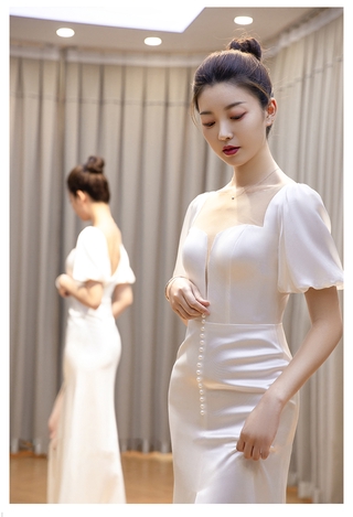 Bride Satin Wedding Dress dream new simple white French wedding dress (1)