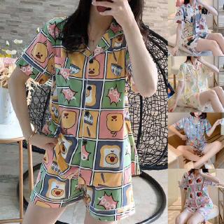 Korean Summer cardigan pajamas women ice silk sweet print short-sleeve home service sleepwear set 2 piece (8)