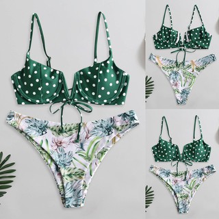 [Ladymiss] Women Flower Print High Cut V Neck Two Pieces Bikini Swimwear Swimsuit Beachwear