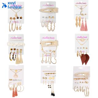 Bohemian Pearl Earrings Hair Clip Necklace Jewelry Set Fashion Crystal Shell Tassel Women Accessories Gift