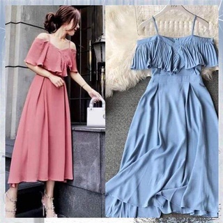 【Available】Fashionable Elegant Marimar Pleated Cold-offshoulder Maxi Casual Formal Dress Wedding O