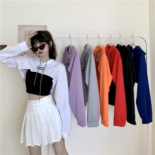 Casual Long Sleeve Hoodie For Women's Korean Fashion Sexy Plain Crop Tops