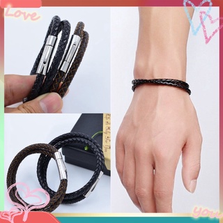 【spot goods】Fashion Male Jewelry Braided Leather Bracelet Interlaced Cuff Bangle Wristband Unisex Bracelet Black Stainless Steel Magnetic Clasps Men Wrist Band Gifts