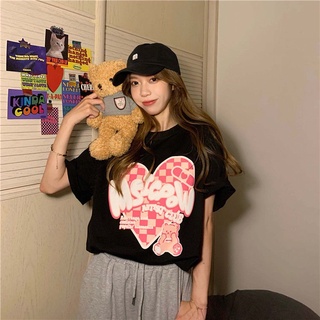 Lovememo Oversize Korean Version Heart Bear Print Cute Shirt Loose Short Sleeve T-shirt for Women (9)