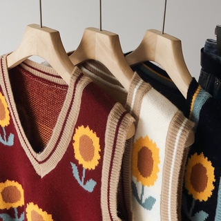 Knitted Vest 176063Women V-Neck Sunflower Flower Knit Sweater Vest (6)