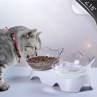 Pet Cat Bowls with Stand Non-slip Double Cat Bowl Water Food Feeder Transparent Cat Ear Shape Rounde