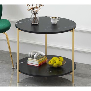 Side Round Table Coffee Tea 39.5*42.5cm (Black) Marble finish Two Layer mdf desk metal legs