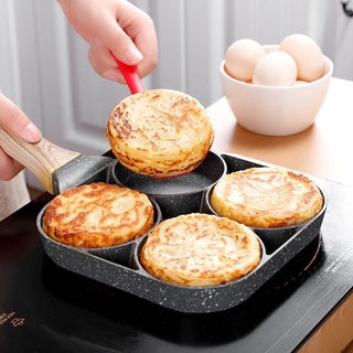 Mr D 4 Hole Non-Stick Frying Pan for Omelet Burger Egg Ham Pancake Maker Wooden Handle Cooking Pan