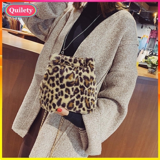 Fashion Leopard Plush Messenger Bags Women Chain Bucket Shoulder Handbag