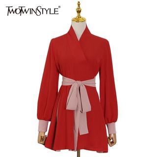 TWOTWINSTYLE Elegant Solid Trench For Women Stand Collar Long Sleeve High Waist Lace Up Coats Female
