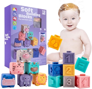 Baby Blocks,Soft Building Blocks Toys for 6 Months Up Toddlers,Sensory Chewing Toys 6/12PCS Adorable Animals Shapes Set