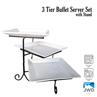 3 - Tiered Square Ceramic Buffet Server Set with Metal Wire Stand (1)