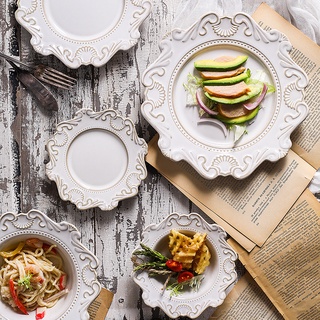 Creative Baroque Embossed Ceramic Tableware Plate Western Plate Dinner Plate Salad Bowl Soup Bowl