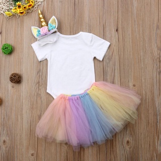 3Pcs Newborn Kid Baby Girls 1st Birthday Unicorn Romper Rainbow Tutu Skirt Dress (3)