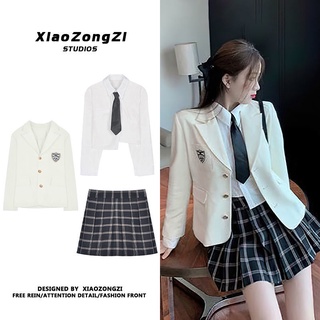 【 3pcs 】 College Wind Small Suit Jacket + Short Long Sleeved Shirt Sexy Pleated Skirt