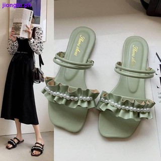 Fairy style two-wear sandals 2021 new summer all-match flat-bottom buckle pearl sandals and slippers female summer wear