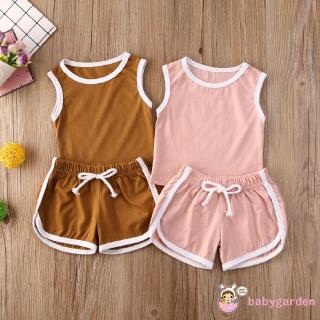 ღ♛ღUnisex Baby Summer Clothing Set Round Neck Sleeveless Tank Tops + Elastic Waist Drawstring Shorts Casual Clothes (1)
