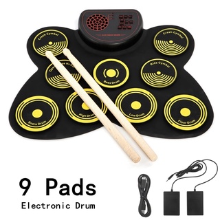 9 Pads Electronic Roll up Drum Thicken Silicone Built in Speakers Electric Drum Kits with Drumsticks