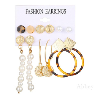 [Abbey] 6pair/set Fashion Pearl Earrings Set Women Circle Bohemian Tassel Long Stud Earrings Beach Jewelry (2)
