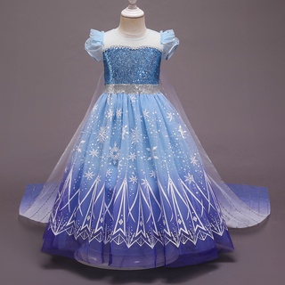 Girls Blue Princess Elsa Dress Fancy Snowflake Cloak Sequins Party Dress Girls Cosplay Birthday Party Dress