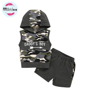 Mikrdoo Newborn Baby Boy Summer Clothes Set Cotton Camouflage Letters Print Hooded Vest Solid Shorts Waist Elastic 2Pcs Summer Casual Outfits Set 0-18 Months