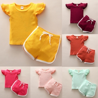 COD Ready Stock Baby Girls Tops+ Shorts Set Kids Baby Girls Clothes Sets Ruffles Outfits Kids Terno