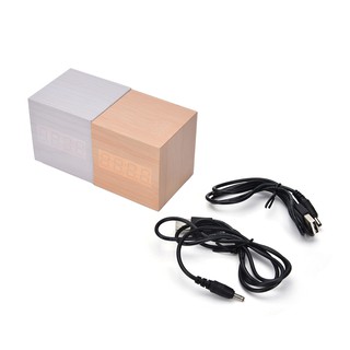 Modern Cube Wooden Digital LED Desk Voice Control Alarm Clock Thermometer