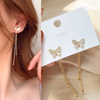 925 Silver Needle Zircon Butterfly Earrings Women Girls Tassel Long Stud Jewelry Accessories