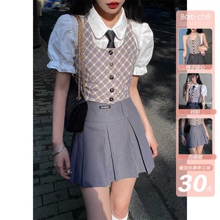 Gray Pleated Skirt Women's Clothing Summer Hot Girl Women's Skirts Plaid College Wind Set aWord Skirt Skirt (1)