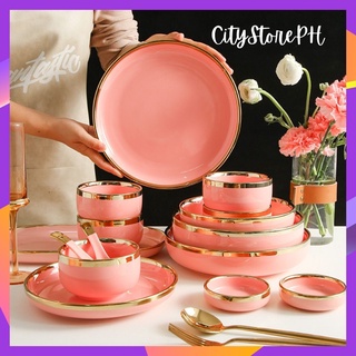 Nordic Elegant Ceramic Plate Bowls Pink Ceramic Dinner Plate Salad Plate With Gold Line Edge Pinggan