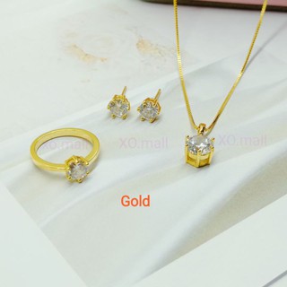 [XO] Fashion Women 24k Gold plated Necklace,Earring And Ring Diamond 3in1 Set Single Stone Jewelry