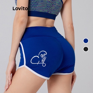 Lovito Sporty Contrast Binding Print Letter Shorts L05205 (Blue/Black)