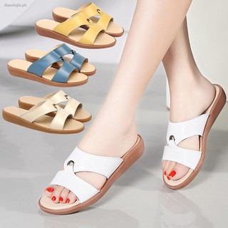 The high quality soft leather new flat outside wear cool slippers female thick bottom antiskid one word lazy for women''s shoes
