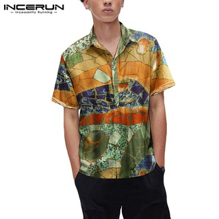 INCERUN Mens Cotton Printed Short Sleeve V Neck Casual Tops