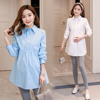 Solid Fashion Blouse for Pregnant Women Polo Collar Long Sleeve Maternity Blouse Plus Size Loose Cotton Pregnant Tops